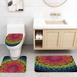 4 Pcs Mandala Flowers Shower Curtain Set, Ombre Colorful Floral Bathroom Sets with Shower Curtain and Rugs, 72" Shower Curtain and Bath Mat, Toilet Lid Cover and U Shaped Rug, 12 Hooks, SETLSSD260