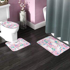 HGOD DESIGNS Unicorn Bath Mat,Funny Pink Unicorn and Rainbow Pattern Bathroom Mat 3 Piece Set Non-Slip Bathmat Antiskid Pad Doormat and Toilet Lid Cover Set