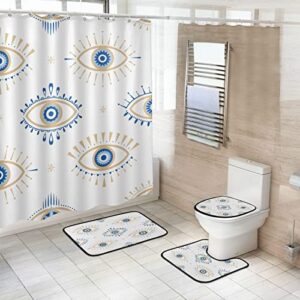 vnurnrn 4pcs evil eyes pattern shower curtain set with non-slip rugs, toilet lid cover and bath u-shaped mat, bathroom decor set accessories waterproof shower curtain sets with 12 hooks