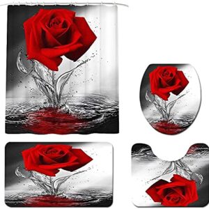 LUKUY 4pcs Rose Shower Curtain Sets with Non-Slip Rugs Toilet Lid Cover and Bath Mat Black and Red Flower Bathtub Curtains Durable Fabric Bath Curtain Set for Bathroom Decor