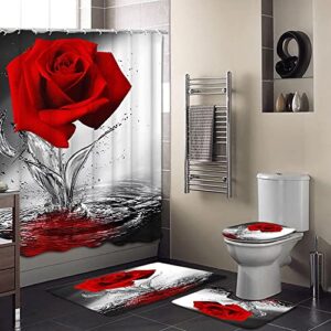 LUKUY 4pcs Rose Shower Curtain Sets with Non-Slip Rugs Toilet Lid Cover and Bath Mat Black and Red Flower Bathtub Curtains Durable Fabric Bath Curtain Set for Bathroom Decor