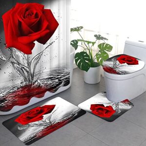 LUKUY 4pcs Rose Shower Curtain Sets with Non-Slip Rugs Toilet Lid Cover and Bath Mat Black and Red Flower Bathtub Curtains Durable Fabric Bath Curtain Set for Bathroom Decor