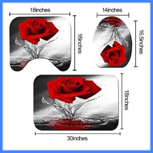 LUKUY 4pcs Rose Shower Curtain Sets with Non-Slip Rugs Toilet Lid Cover and Bath Mat Black and Red Flower Bathtub Curtains Durable Fabric Bath Curtain Set for Bathroom Decor