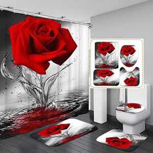 LUKUY 4pcs Rose Shower Curtain Sets with Non-Slip Rugs Toilet Lid Cover and Bath Mat Black and Red Flower Bathtub Curtains Durable Fabric Bath Curtain Set for Bathroom Decor