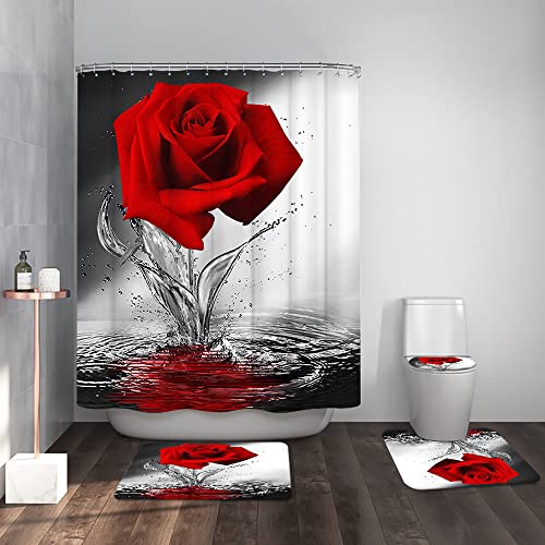 LUKUY 4pcs Rose Shower Curtain Sets with Non-Slip Rugs Toilet Lid Cover and Bath Mat Black and Red Flower Bathtub Curtains Durable Fabric Bath Curtain Set for Bathroom Decor