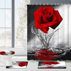 LUKUY 4pcs Rose Shower Curtain Sets with Non-Slip Rugs Toilet Lid Cover and Bath Mat Black and Red Flower Bathtub Curtains Durable Fabric Bath Curtain Set for Bathroom Decor