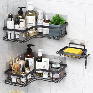 windermo corner shower shelves caddy, bathroom shower shelf with soap rack and 12 hooks organizer storage matte black no drilling stainles steel large capacity, 3pcs