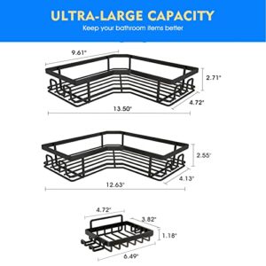 WinDerMo Corner Shower Shelves Caddy, Bathroom Shower Shelf with Soap Rack and 12 Hooks Organizer Storage Matte Black No Drilling Stainles Steel Large Capacity, 3pcs