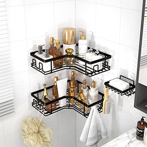 WinDerMo Corner Shower Shelves Caddy, Bathroom Shower Shelf with Soap Rack and 12 Hooks Organizer Storage Matte Black No Drilling Stainles Steel Large Capacity, 3pcs