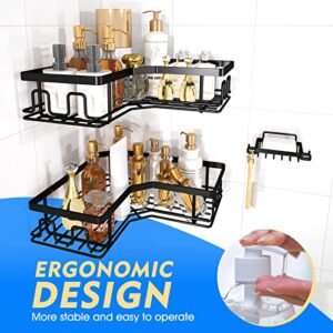 WinDerMo Corner Shower Shelves Caddy, Bathroom Shower Shelf with Soap Rack and 12 Hooks Organizer Storage Matte Black No Drilling Stainles Steel Large Capacity, 3pcs