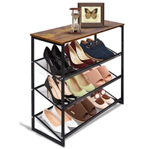 aboxoo 4-tiers shoes rack tilting adjustable freestanding shoe rack large 9 pairs 25.2 in storage organization brown wood metal for entryways, hallways, closets, dormitory rooms, and industries