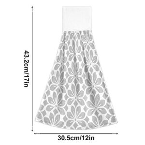 Grey White Geometry Floral Leaves Hanging Kitchen Towel 12 x 17 Inch Gray Spring Flowers Hand Tie Towels Set 2 Pcs Tea Bar Dish Cloths Dry Towel Soft Absorbent Durable for Bathroom Laundry Room Decor