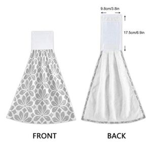Grey White Geometry Floral Leaves Hanging Kitchen Towel 12 x 17 Inch Gray Spring Flowers Hand Tie Towels Set 2 Pcs Tea Bar Dish Cloths Dry Towel Soft Absorbent Durable for Bathroom Laundry Room Decor