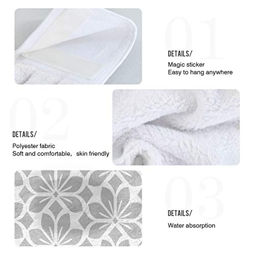 Grey White Geometry Floral Leaves Hanging Kitchen Towel 12 x 17 Inch Gray Spring Flowers Hand Tie Towels Set 2 Pcs Tea Bar Dish Cloths Dry Towel Soft Absorbent Durable for Bathroom Laundry Room Decor