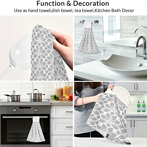 Grey White Geometry Floral Leaves Hanging Kitchen Towel 12 x 17 Inch Gray Spring Flowers Hand Tie Towels Set 2 Pcs Tea Bar Dish Cloths Dry Towel Soft Absorbent Durable for Bathroom Laundry Room Decor