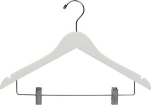 white wood combo hanger w/ adjustable cushion clips, box of 25 space saving 17 inch flat wooden hangers w/ chrome swivel hook & notches for shirt jacket or dress by the great american hanger company