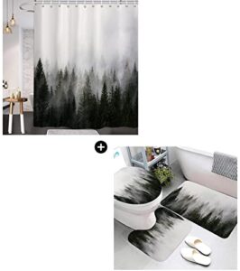 ortigia 4pcs misty forest shower curtain sets, bathroom sets with shower curtain, toilet lid rug, contour mat and bath mat, shower curtain with 12 hooks for bathroom set decor