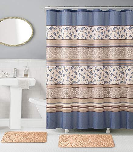 BH Home 15 Pieces Shower Curtain and Super Soft Memory Foam Rugs Set. 100% Microfiber Mats. (Madelyn)