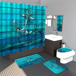 Jefuzh 4 Pcs Anchor Shower Curtain Sets, Nautical Anchor Rustic Wood Shower Curtain for Bathroom Decor, Waterproof Shower Curtain with 12 Hooks, Non-Slip Rug, Toilet Lid Cover and Bath Mat - Blue