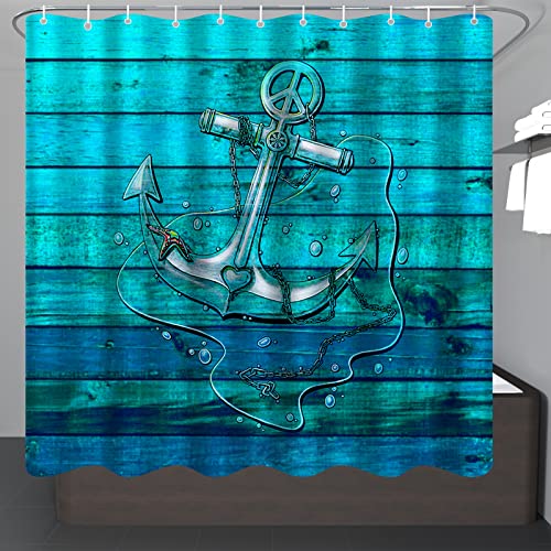 Jefuzh 4 Pcs Anchor Shower Curtain Sets, Nautical Anchor Rustic Wood Shower Curtain for Bathroom Decor, Waterproof Shower Curtain with 12 Hooks, Non-Slip Rug, Toilet Lid Cover and Bath Mat - Blue