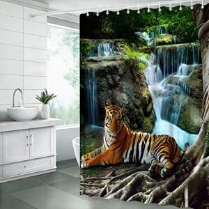 waterfall tiger shower curtain wild animal tiger nature green forest tree lake tropical landscape misty jungle rainforest spring summer scenery fabric bathroom decor curtain with hooks