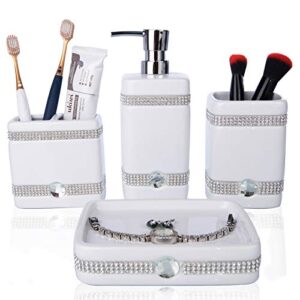 caa's bathroom accessories set ceramic 4 pieces bathroom ensemble for bath decor includes lotion dispenser toothbrush holder tumbler soap dish (white inlaid zircon)