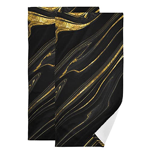 Jucciaco Black Marble Hand Towel for Bathroom Kitchen, Absorbent Modern Black and Gold Marble Bath Hand Towels Decorative, Soft Polyester Cotton Towels for Hand, 28x14 inches, Set of 2