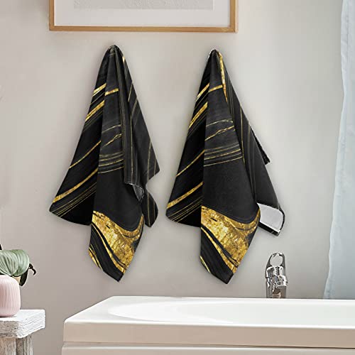 Jucciaco Black Marble Hand Towel for Bathroom Kitchen, Absorbent Modern Black and Gold Marble Bath Hand Towels Decorative, Soft Polyester Cotton Towels for Hand, 28x14 inches, Set of 2