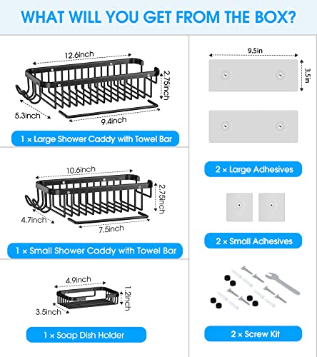 3Pack Shower Caddy, Shower Organizer with Soap Dish, No Drilling Shower Storage Wall Mount Rustproof Bathroom Organizer Shampoo Holder Kitchen Rack Adhesive Shower Shelves for Inside Shower Black