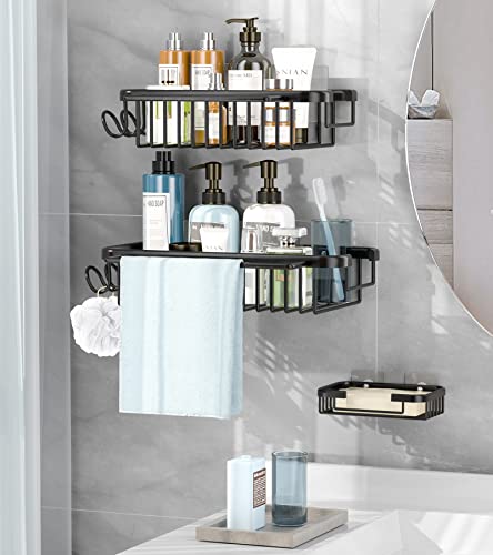 3Pack Shower Caddy, Shower Organizer with Soap Dish, No Drilling Shower Storage Wall Mount Rustproof Bathroom Organizer Shampoo Holder Kitchen Rack Adhesive Shower Shelves for Inside Shower Black