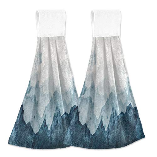 2 Pieces Blue Watercolor Mountains Kitchen Dish Towel with Hanging Tie, Soft Absorbent Drying & Cleaning Hand Towel with Loop for Kitchen Bathroom Mudroom Laundry Room, 12x17 in