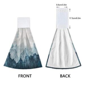 2 Pieces Blue Watercolor Mountains Kitchen Dish Towel with Hanging Tie, Soft Absorbent Drying & Cleaning Hand Towel with Loop for Kitchen Bathroom Mudroom Laundry Room, 12x17 in