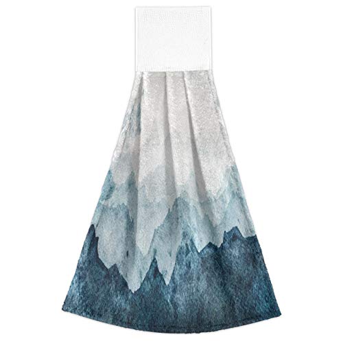 2 Pieces Blue Watercolor Mountains Kitchen Dish Towel with Hanging Tie, Soft Absorbent Drying & Cleaning Hand Towel with Loop for Kitchen Bathroom Mudroom Laundry Room, 12x17 in