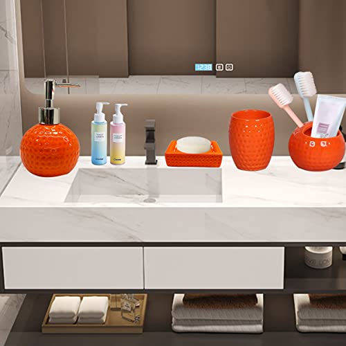 LISANEK Bathroom Accessories Set 4 Piece Ceramic Bathroom Accessories Decoration Set with Lotion Dispenser, Soap Dish,Cup,Toothbrush Holder (Orange)