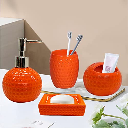 LISANEK Bathroom Accessories Set 4 Piece Ceramic Bathroom Accessories Decoration Set with Lotion Dispenser, Soap Dish,Cup,Toothbrush Holder (Orange)