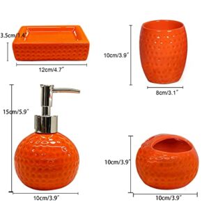 LISANEK Bathroom Accessories Set 4 Piece Ceramic Bathroom Accessories Decoration Set with Lotion Dispenser, Soap Dish,Cup,Toothbrush Holder (Orange)