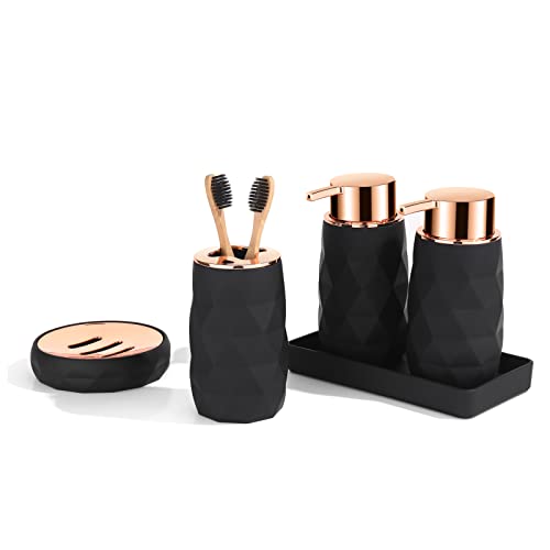 GAHEFY Bathroom Accessories Set 5 pcs,Bathroom Soap and Lotion Dispenser Set with Tray,Toothbrush Holder,Soap Dish (Rose Gold Black)