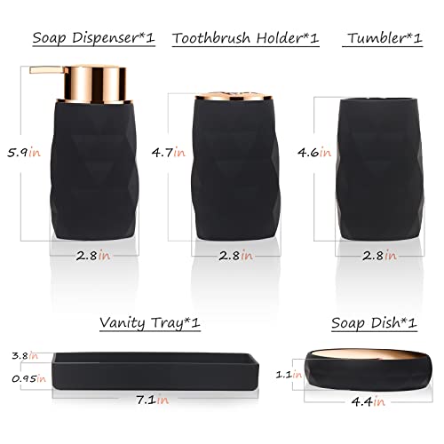 GAHEFY Bathroom Accessories Set 5 pcs,Bathroom Soap and Lotion Dispenser Set with Tray,Toothbrush Holder,Soap Dish (Rose Gold Black)