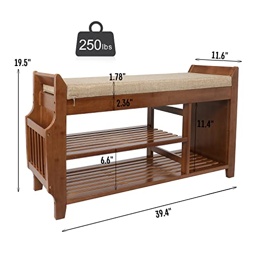 YUSING Bamboo Shoe Rack Bench with Removable Cushion, 2 Tier Entryway Shoe Storage Organizer Shelf with Hidden Drawer and Umbrella Stand for Bedroom, Living Room and Bathroom (Large)