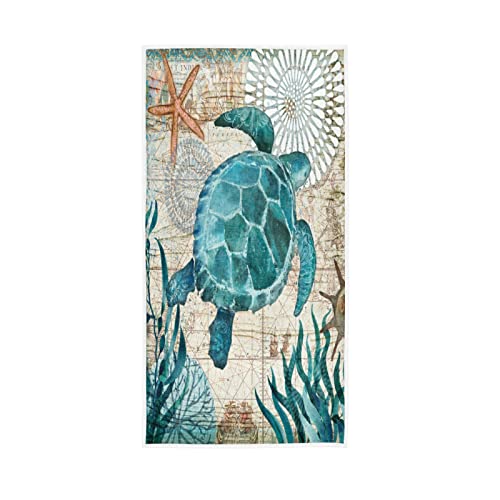 CHSIN Vintage Ocean Sea Turtle Starfish Map Hand Towels Soft Absorbent Quick Dry Towel Hign Quality Hanging Towels for Bathroom, Gym, Swimming Pool, Running 30x15inch 21210182