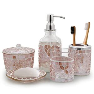 LushAccents Bathroom Accessories Set, 5-Piece Decorative Glass Bathroom Accessories Set, Soap Dispenser, Vanity Tray, Jar, Toothbrush Holder, Tumbler, Elegant Rose Gold Mosaic Glass