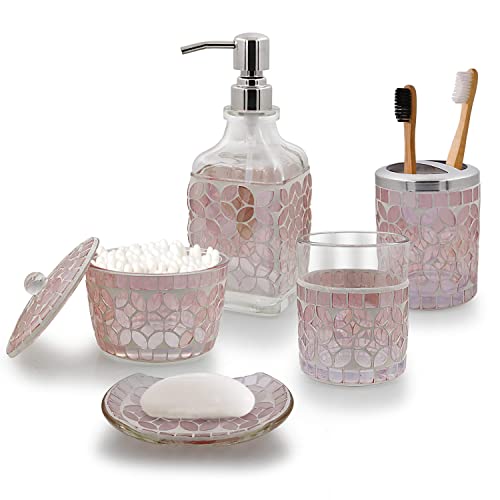 LushAccents Bathroom Accessories Set, 5-Piece Decorative Glass Bathroom Accessories Set, Soap Dispenser, Vanity Tray, Jar, Toothbrush Holder, Tumbler, Elegant Rose Gold Mosaic Glass