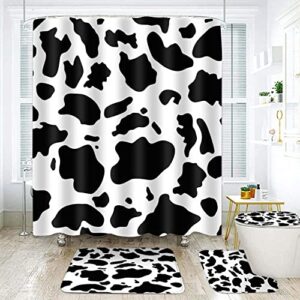 4pcs cow print shower curtain sets with rugs accessories, black and white pattern bath curtains set bathroom decor with 12 hooks 71x72 in setyyea4