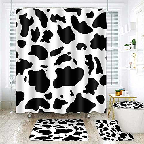 4pcs Cow Print Shower Curtain Sets with Rugs Accessories, Black and White Pattern Bath Curtains Set Bathroom Decor with 12 Hooks 71x72 in SETYYEA4