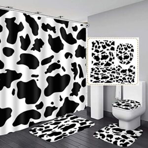 4pcs Cow Print Shower Curtain Sets with Rugs Accessories, Black and White Pattern Bath Curtains Set Bathroom Decor with 12 Hooks 71x72 in SETYYEA4