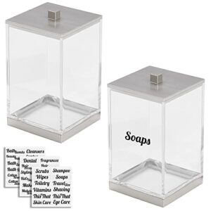 mDesign Acrylic Storage Organizer Canister Jar with Labels, Large Containers - Bathroom Storage, Organization for Vanity, Counter, or Makeup Table, Lumiere Collection, Set/2 + Labels, Clear/Brushed