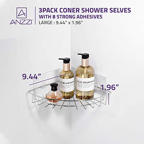 ANZZI 3-Piece Corner Shower Caddy Shelf Set with 8 Adhesive in Chrome | Steel Wall Mount Storage Organizer Shelves for Bathroom Kitchen Garage | Sturdy Holder Rack Basket | AC-AZSC64CH