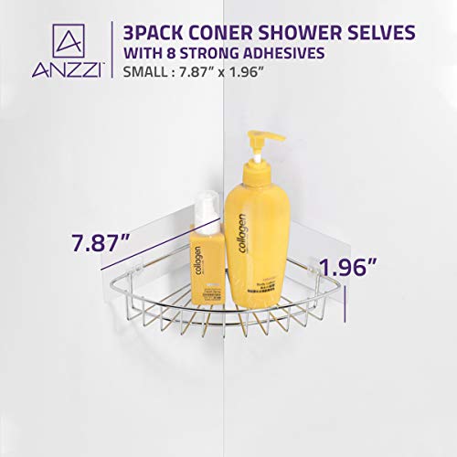ANZZI 3-Piece Corner Shower Caddy Shelf Set with 8 Adhesive in Chrome | Steel Wall Mount Storage Organizer Shelves for Bathroom Kitchen Garage | Sturdy Holder Rack Basket | AC-AZSC64CH