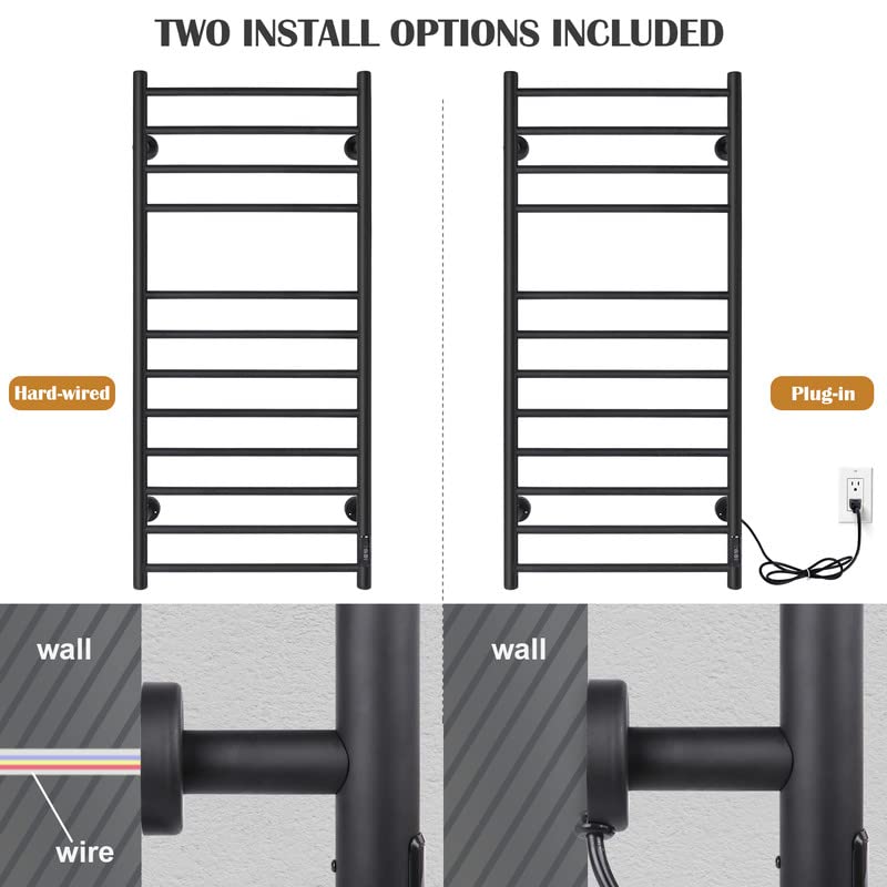 JSLOVE Towel Warmer Wall Mounted Heated Towel Racks for Bathroom, Stainless Steel Hot Towel Rack with Timer (12 Bars Matte Black)