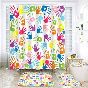 ntetsn 4 pcs watercolor shower curtain, handprint in rainbow color bathroom curtain sets for kids,non-slip rugs, toilet lid cover, bath mat, 12 hooks for curtain 72x72 inch setyynt4